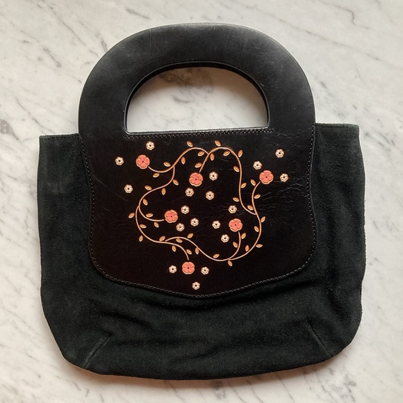 Vintage DKNY Black Suede Purse With Embossed Floral Handles - Picture 2 of 12